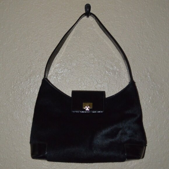 Lambertson Truex Black Pony Hairt Patent Leather Shoulder Strap Handbag - Picture 1 of 7